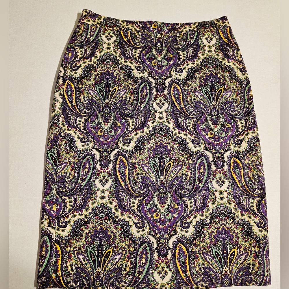 J. Crew Women's Sz 0 No. 2 Pencil Skirt Paisley Print Purple Green Straight